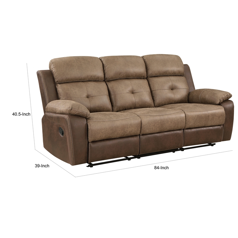 Emma 84 Inch Double Manual Recliner Sofa- Soft Brown Microfiber- Solid Wood