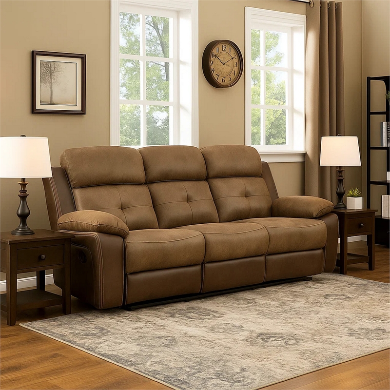 Emma 84 Inch Double Manual Recliner Sofa- Soft Brown Microfiber- Solid Wood