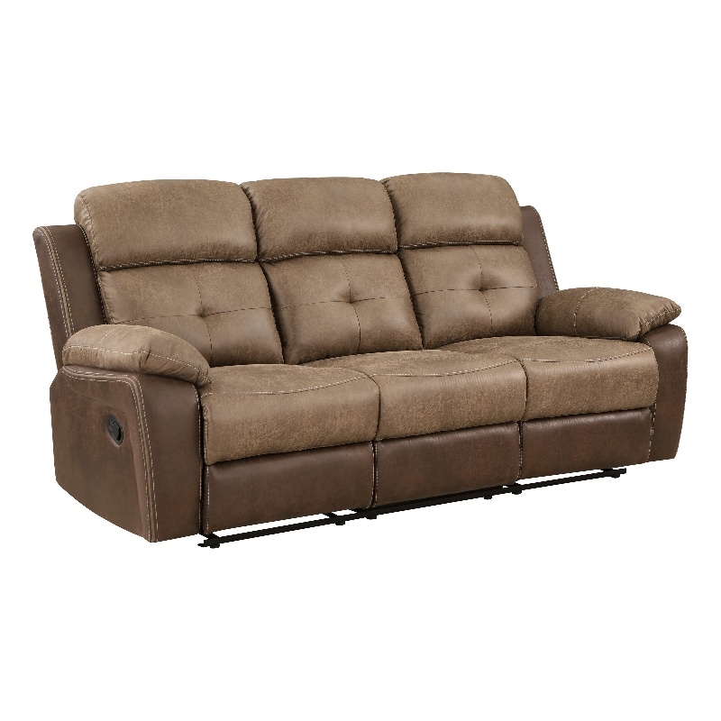 Emma 84 Inch Double Manual Recliner Sofa- Soft Brown Microfiber- Solid Wood