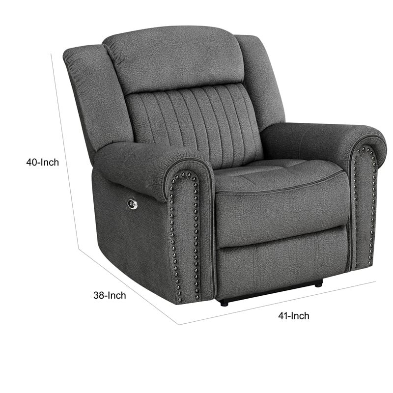 Ben 38 Inch Power Recliner Chair- Soft Cushions Gray Microfiber- Solid Wood