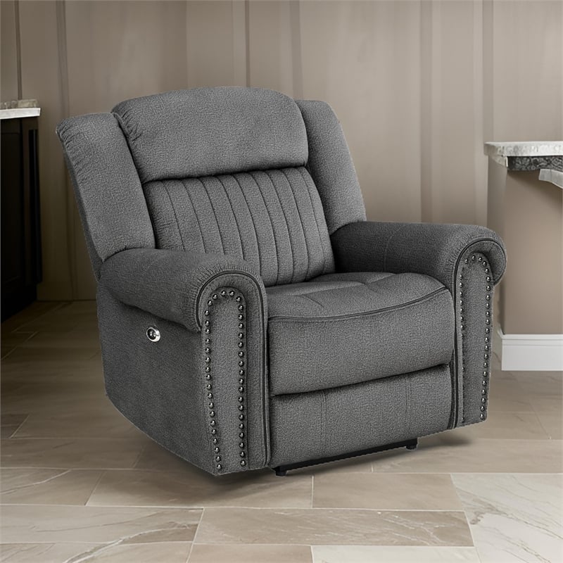 Ben 38 Inch Power Recliner Chair- Soft Cushions Gray Microfiber- Solid Wood