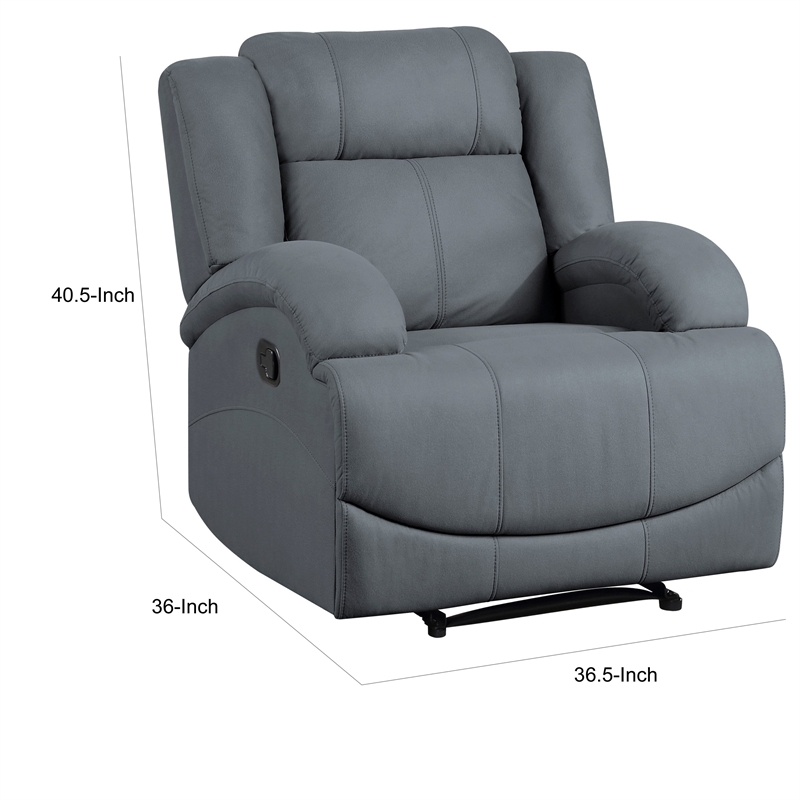 Kate 37 Inch Manual Recliner Chair- Cushions- Blue Microfiber- Solid Wood