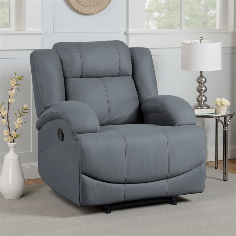 Kate 37 Inch Manual Recliner Chair- Cushions- Blue Microfiber- Solid Wood