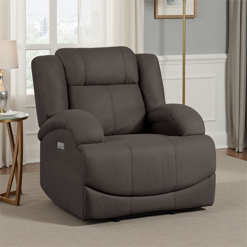 Kate 37 Inch Power Recliner Chair- USB- Brown Microfiber- Solid Wood