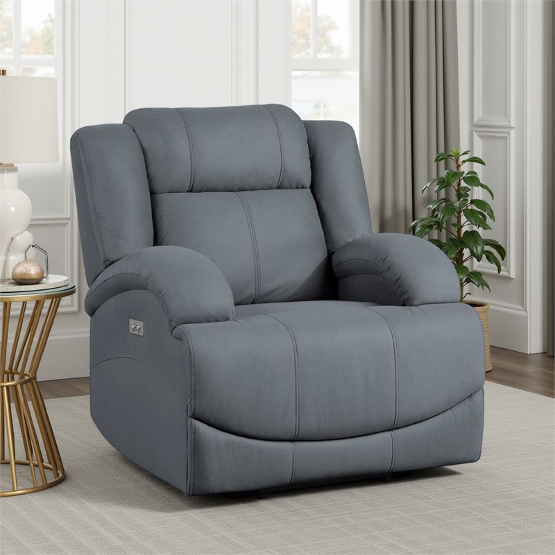 Kate 37 Inch Power Recliner Chair- USB- Blue Microfiber- Solid Wood