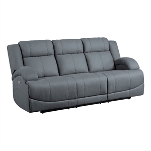 Kate 82 Inch Power Double Recliner Sofa- USB Ports- Blue Microfiber- Wood