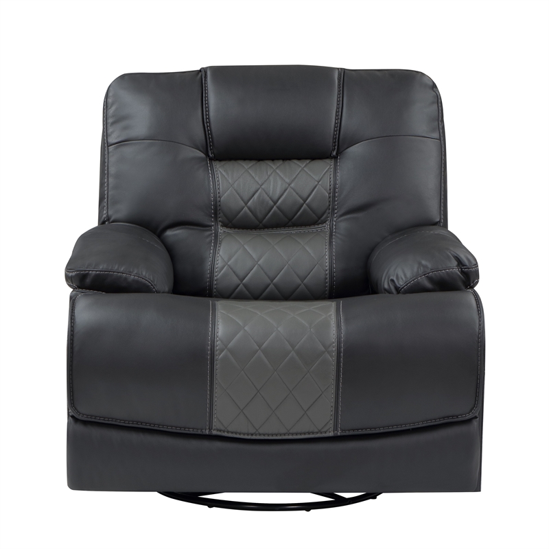 Liam 39 Inch Manual Swivel Glider Recliner Chair- Gray Faux Leather- Wood