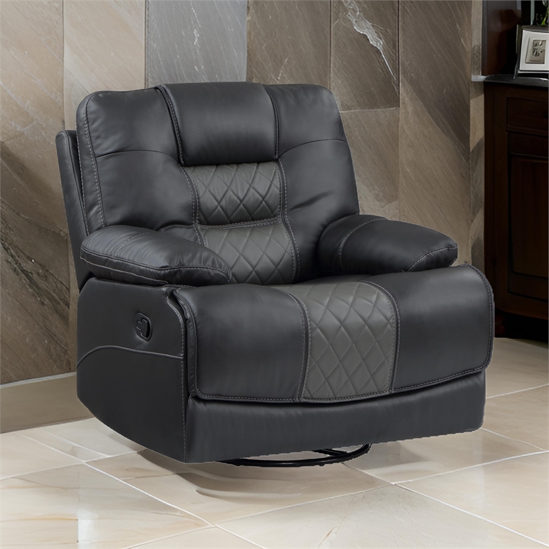 Liam 39 Inch Manual Swivel Glider Recliner Chair- Gray Faux Leather- Wood