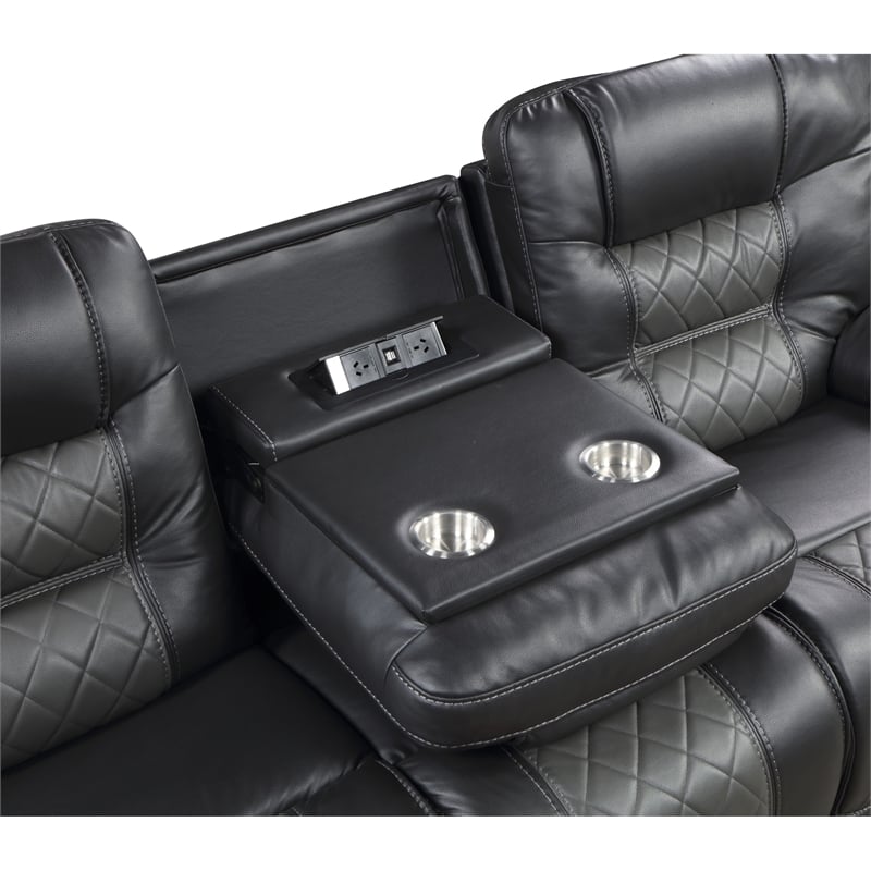 Liam 88 Inch Manual Recliner Sofa- Drop Table Cupholders- Gray Faux Leather