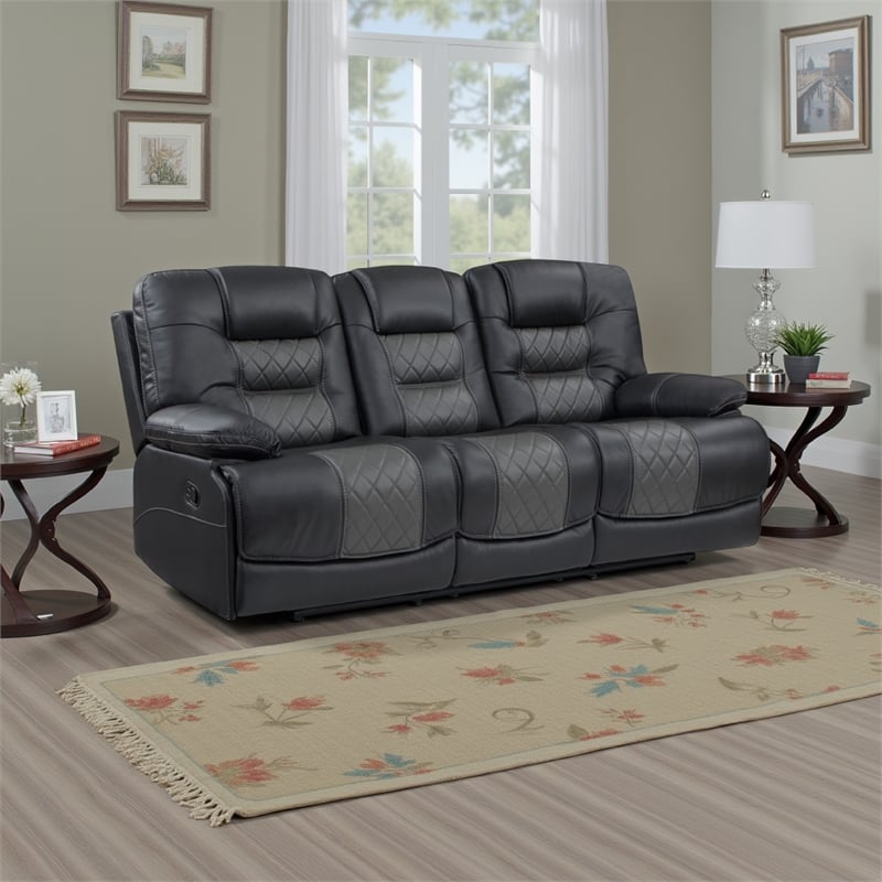 Liam 88 Inch Manual Recliner Sofa- Drop Table Cupholders- Gray Faux Leather