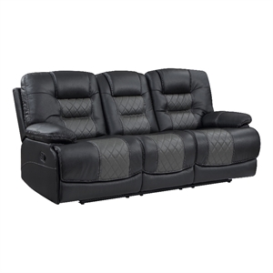 Liam 88 Inch Manual Recliner Sofa- Drop Table Cupholders- Gray Faux Leather