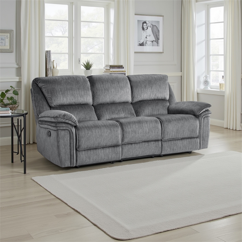 Muir 89 Inch Manual Double Recliner Sofa- Gray- Microfiber- Tufted Back
