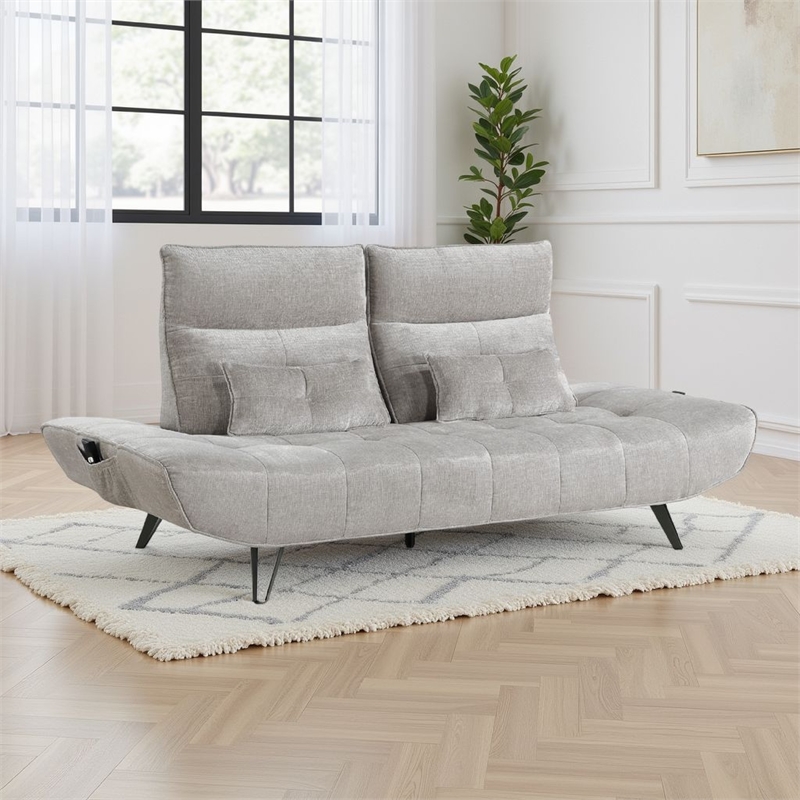 Kyan Adjustable Depth Power Recliner Sofa- Pillows Light Gray Chenille