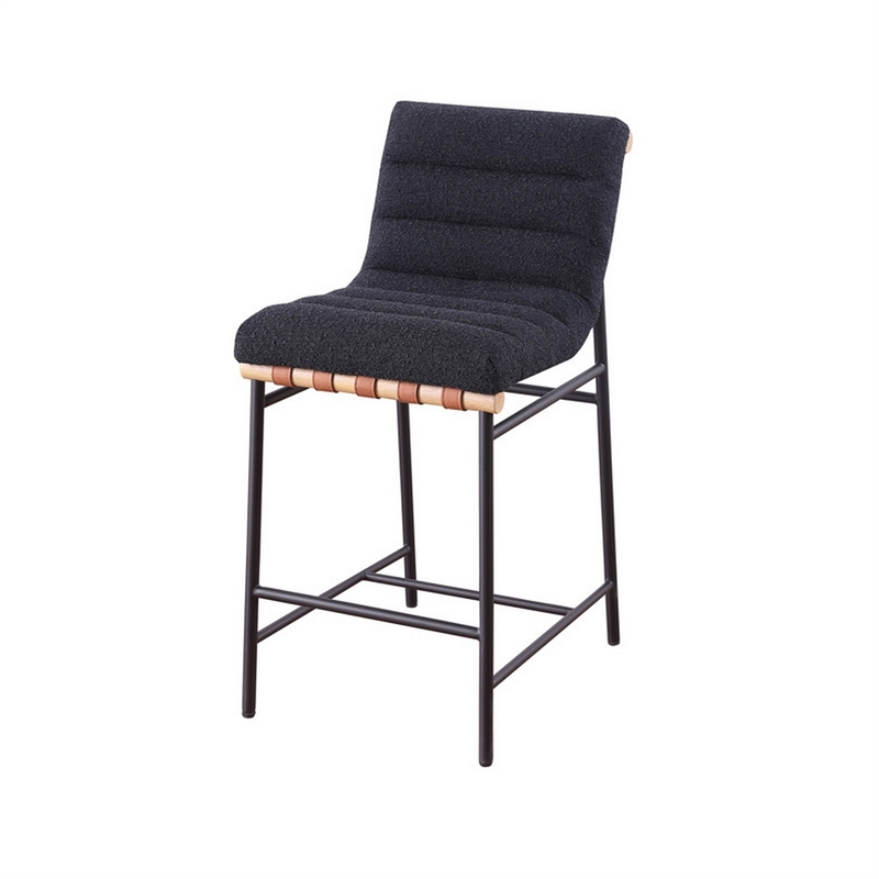 Kive 24 Inch Counter Height Stool Chair- Black Boucle Channel Tufted Seat- Steel