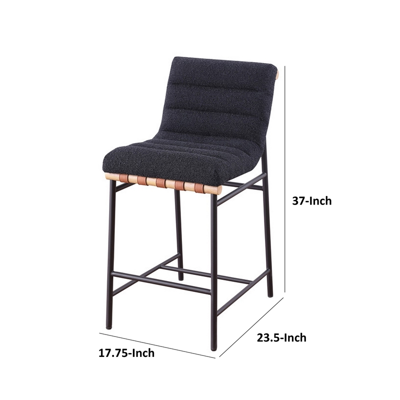 Kive 24 Inch Counter Height Stool Chair- Black Boucle Channel Tufted Seat- Steel