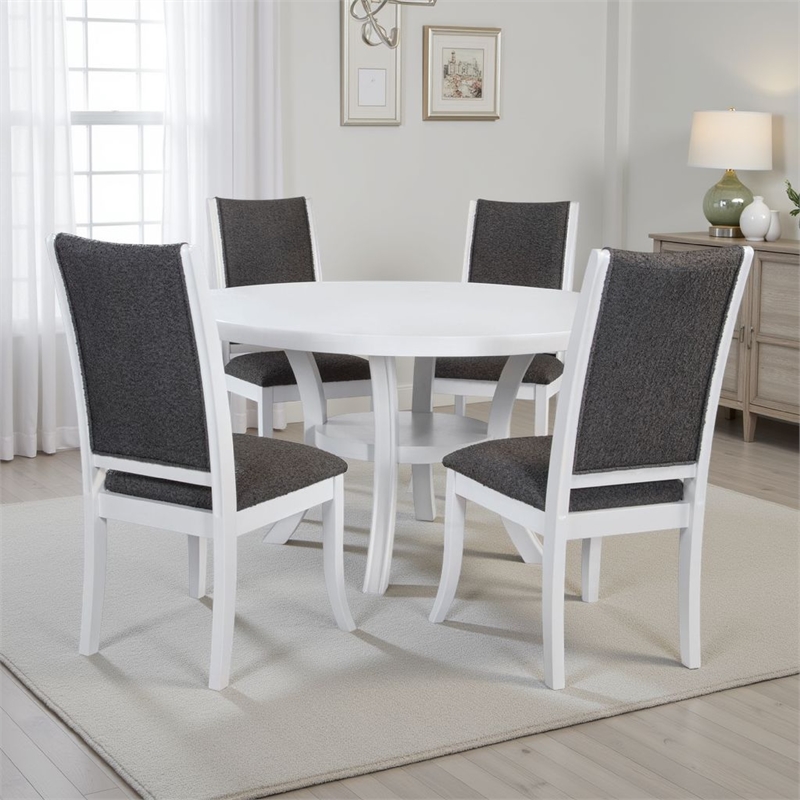 Judy 5pc Round Dining Table Set- Flared Legs- Gray Fabric- White Wood