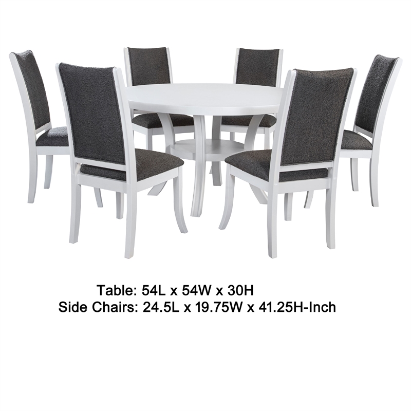 Judy 7pc Round Dining Table Set- Flared Legs- Gray Fabric- White Wood
