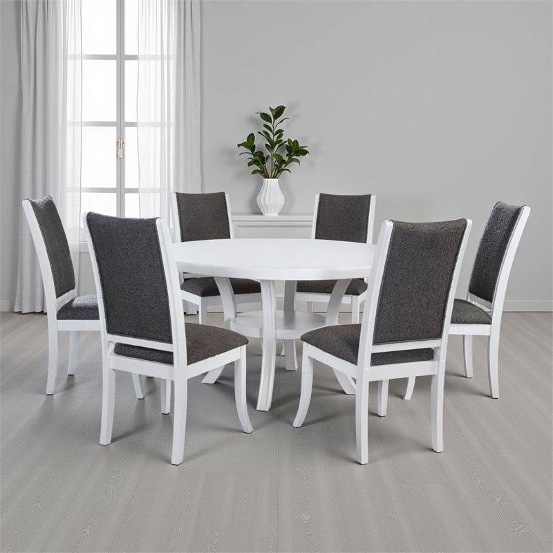Judy 7pc Round Dining Table Set- Flared Legs- Gray Fabric- White Wood