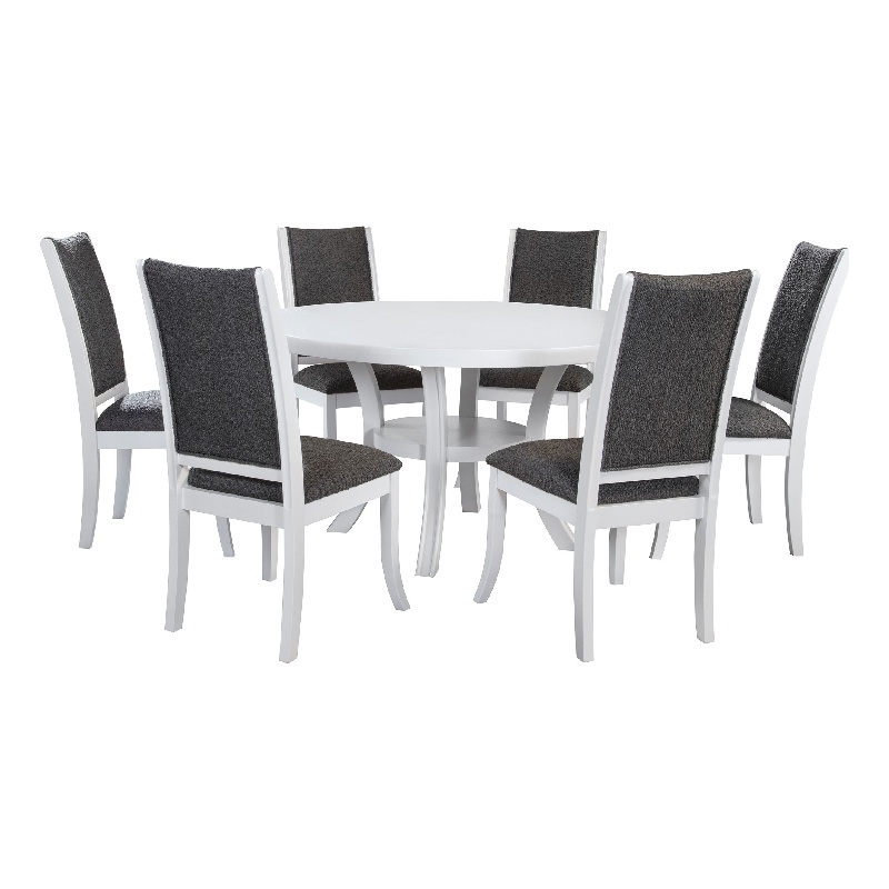 Judy 7pc Round Dining Table Set- Flared Legs- Gray Fabric- White Wood