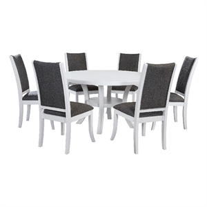 Judy 7pc Round Dining Table Set- Flared Legs- Gray Fabric- White Wood