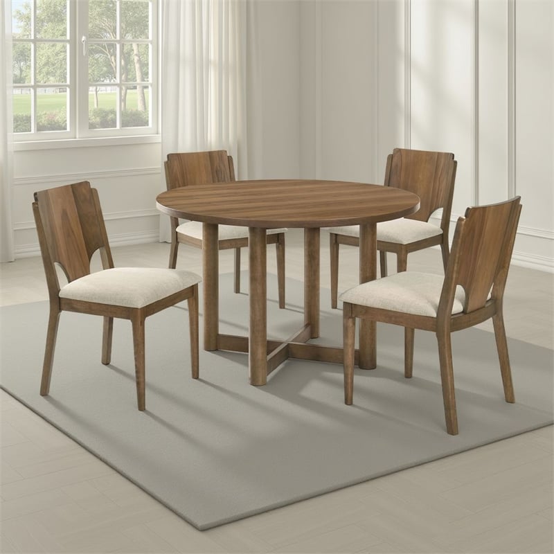 Billie 5pc Round Dining Table and 4 Chairs Set- Walnut Brown and Beige