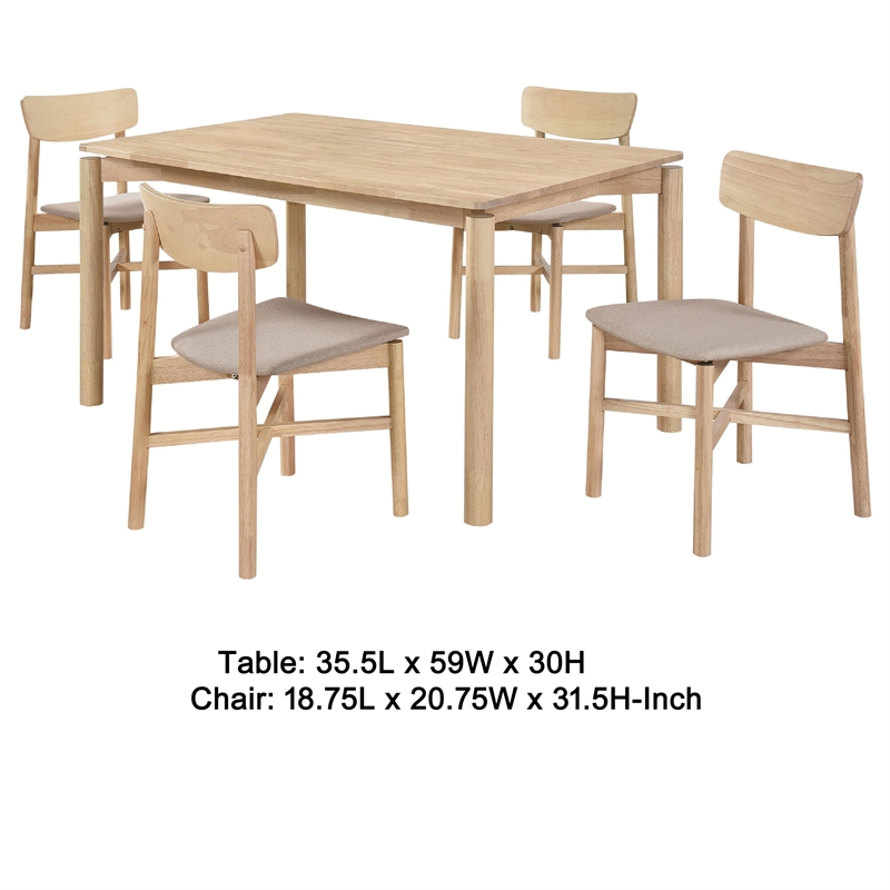 Rida 5pc Dining Table Set w 4 Tan Brown Upholstered Chairs- White Washed