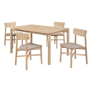 Rida 5pc Dining Table Set w 4 Tan Brown Upholstered Chairs- White Washed