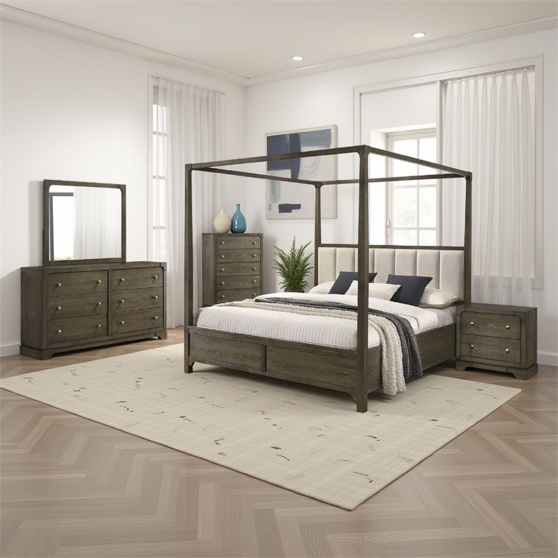 Seon 5pc Queen Bedroom Set- Dark Brown Solid Wood- Canopy Style Bed