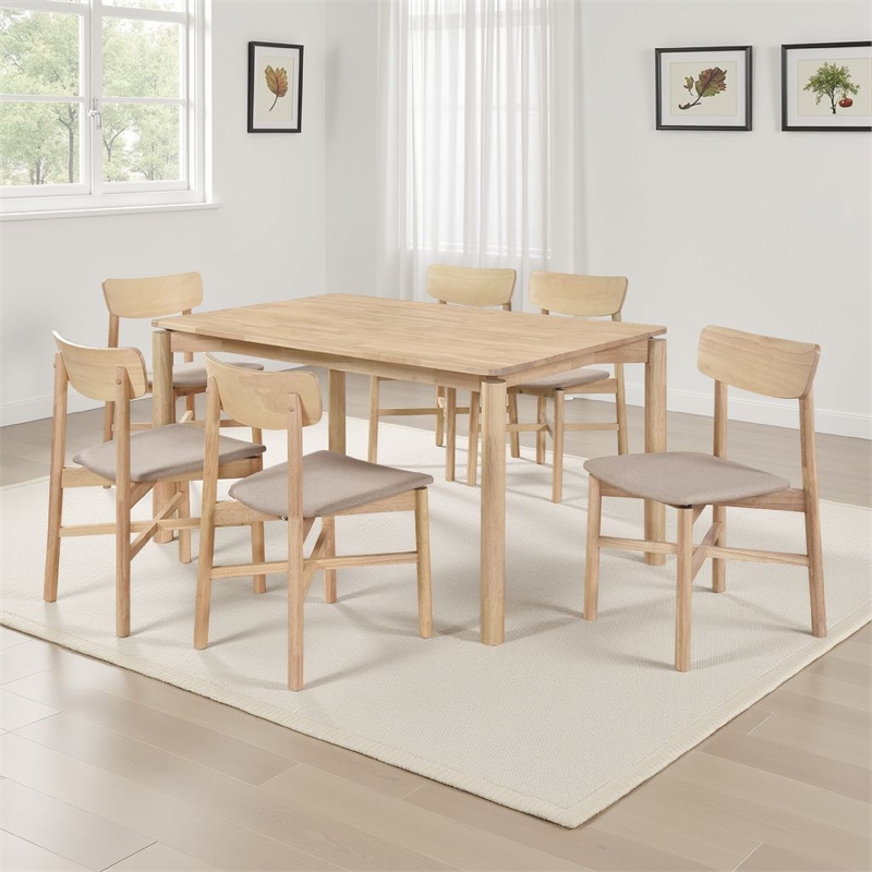 Rida 7pc Dining Table Set w 6 Tan Brown Upholstered Chairs- White Washed