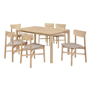 Rida 7pc Dining Table Set w 6 Tan Brown Upholstered Chairs- White Washed