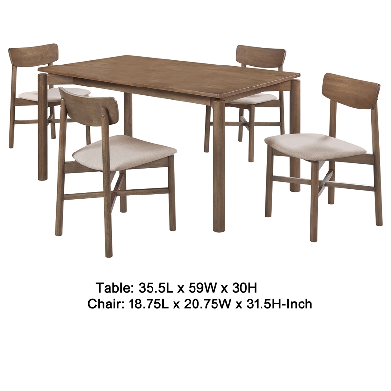 Rida 5pc Dining Table Set w 4 Upholstered Chairs- Natural Walnut Brown