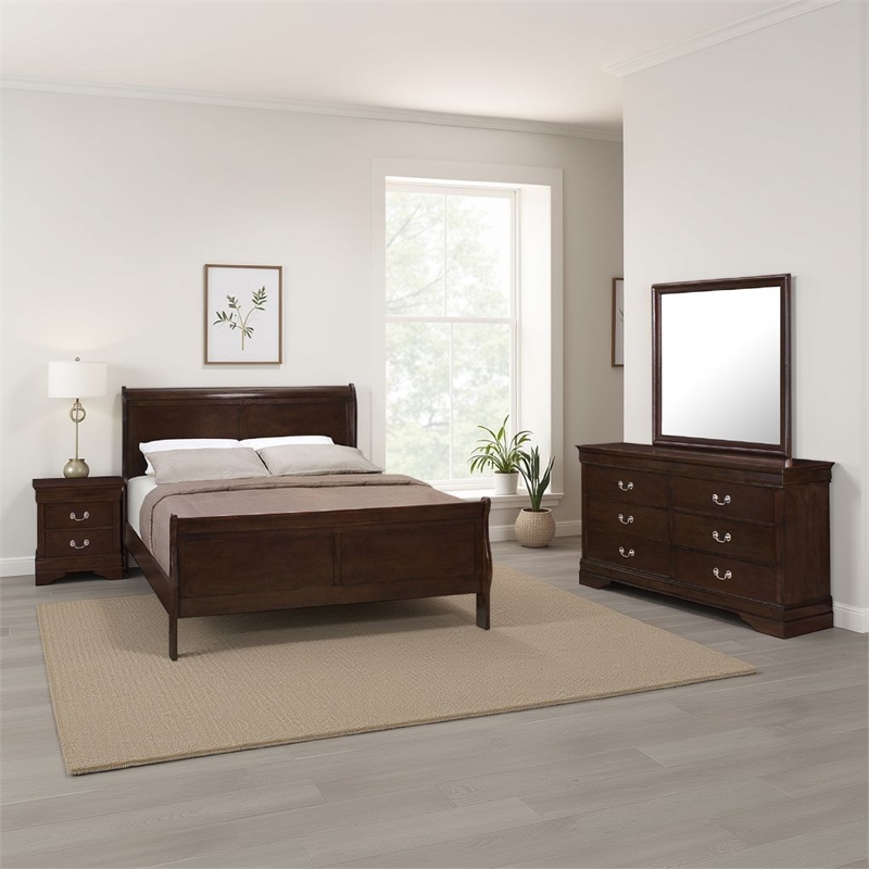 Nim 4pc Queen Sleigh Bedroom Set- Nickel  Handles- Dark Brown