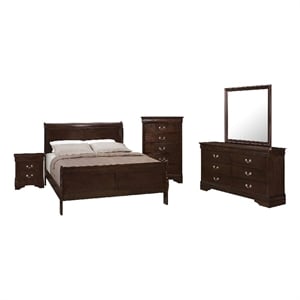 Nim 5pc Queen Sleigh Bedroom Set- Nickel Drop Handles- Dark Brown Wood