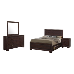 Bello 4pc Queen Size Bedroom Set- Underbed Drawers- Dark Cocoa Brown