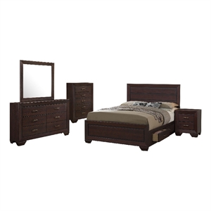 Bello 5pc Queen Size Bedroom Set- Underbed Drawers- Dark Cocoa Brown
