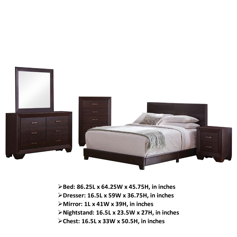 Desy 5pc Queen Size Bedroom Set- Extra Dark Cocoa Brown Faux Leather