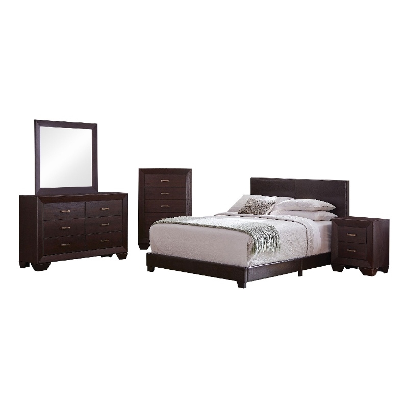 Desy 5pc Queen Size Bedroom Set- Extra Dark Cocoa Brown Faux Leather