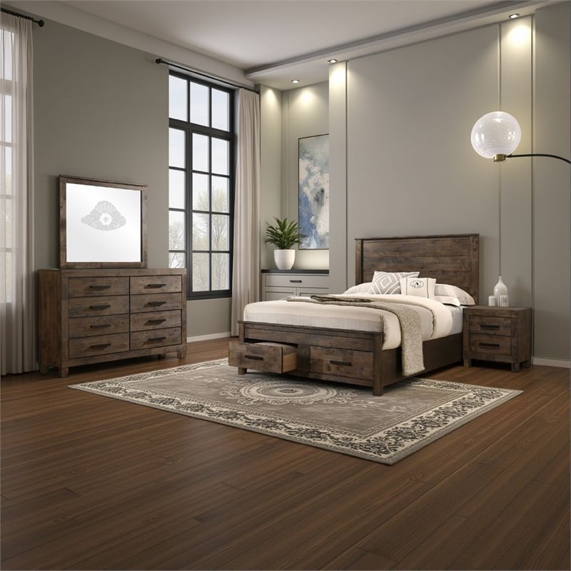 Frio 4pc Queen Bedroom Set with Footboard Storage- Rustic Golden Brown