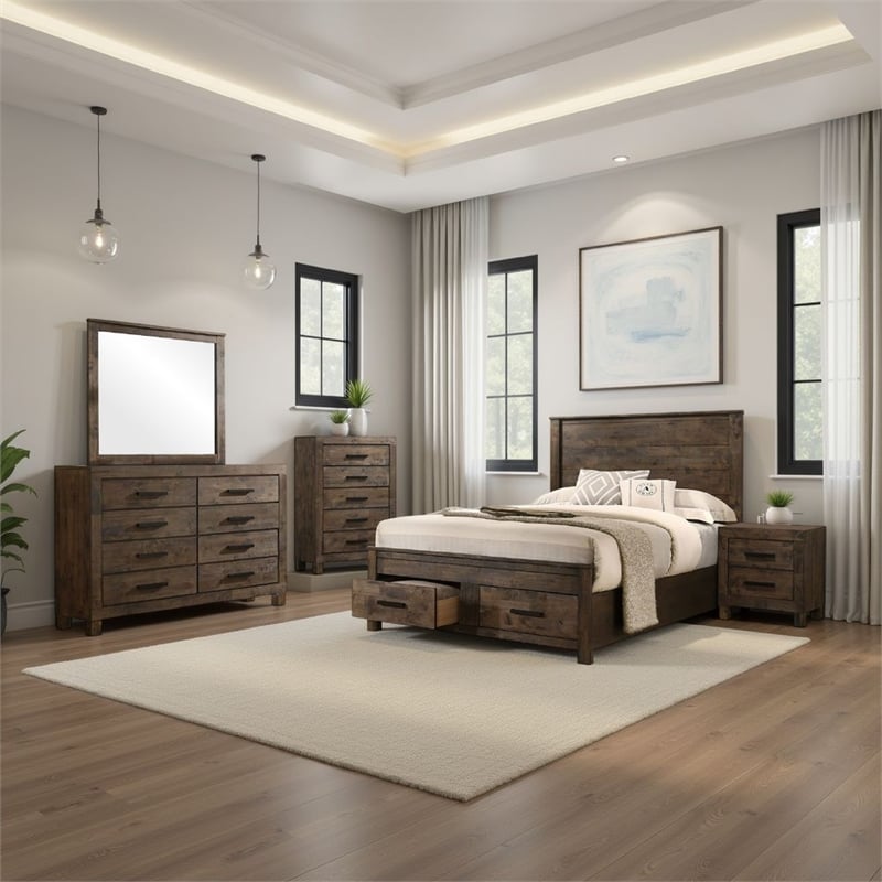 Frio 5pc Queen Bedroom Set with Footboard Storage- Rustic Golden Brown