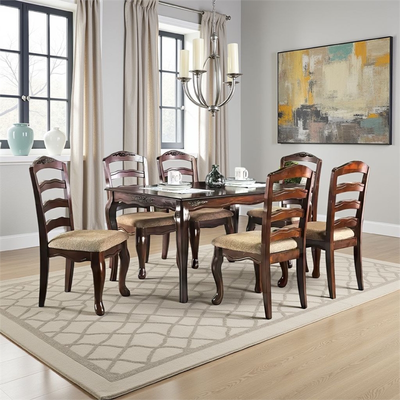 Viny 7pc Dining Table Set with 6 Fabric Chairs- Dark Walnut Solid Wood