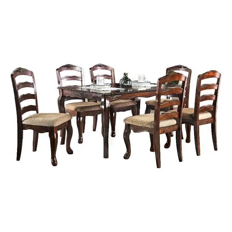 Viny 7pc Dining Table Set with 6 Fabric Chairs- Dark Walnut Solid Wood
