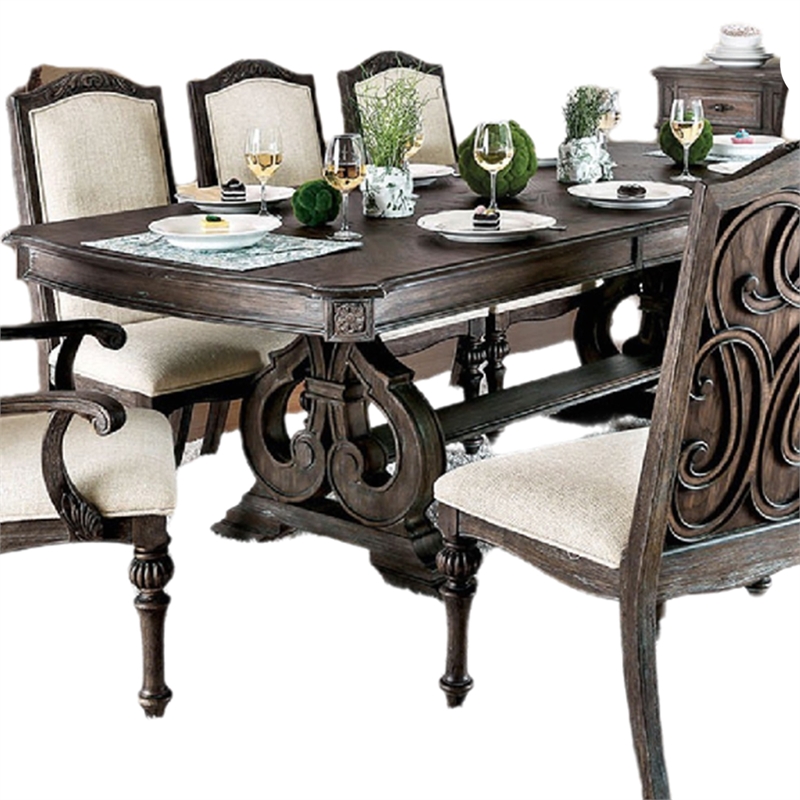 Arca 9pc Dining Table Set with 8 Ivory Fabric Chair- Rustic Solid Wood