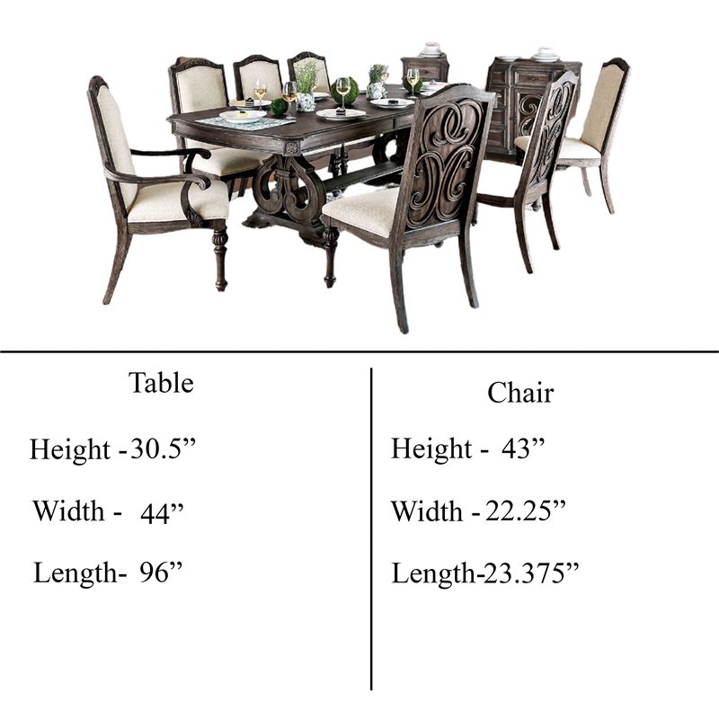 Arca 9pc Dining Table Set with 8 Ivory Fabric Chair- Rustic Solid Wood