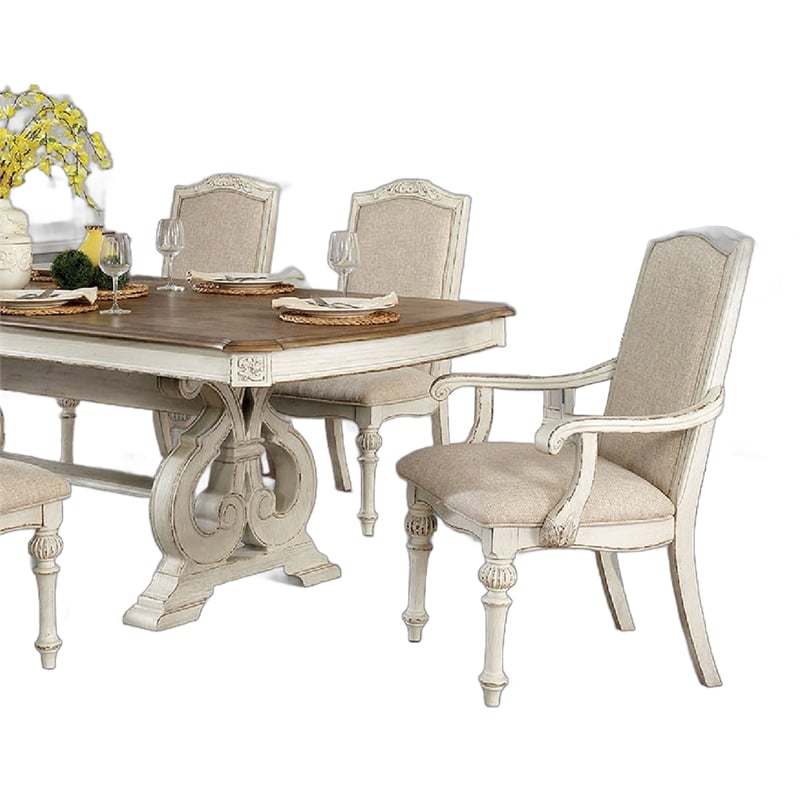 Arca 7pc Dining Table Set with Fabric Chairs- Antique White Solid Wood
