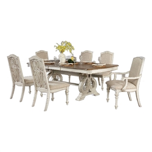 Arca 7pc Dining Table Set with Fabric Chairs- Antique White Solid Wood