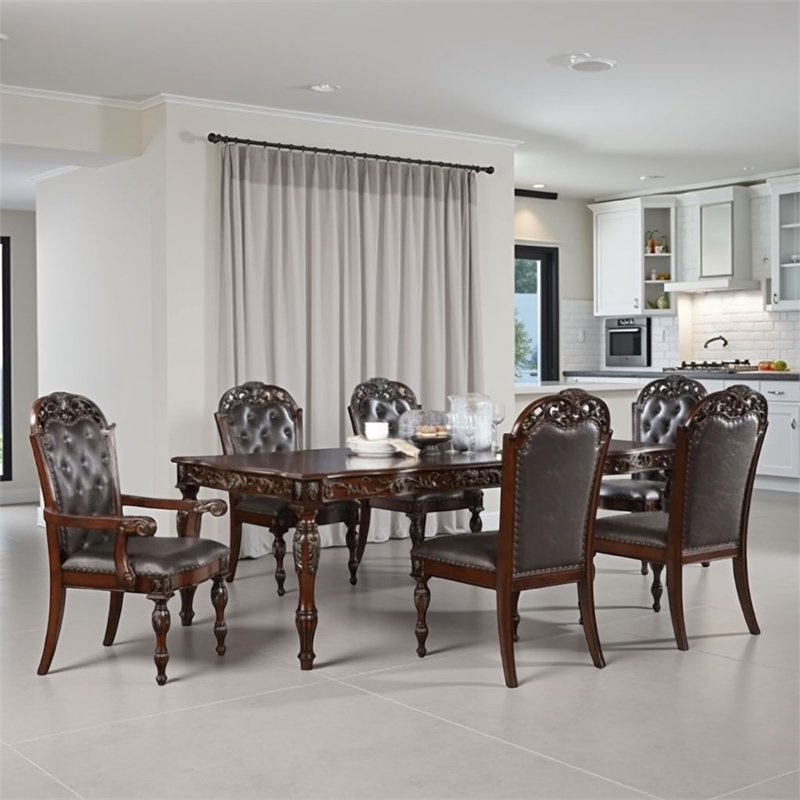 Eva 7pc Dining Table and Chair Set- Brown Faux Leather- 72-93 Inch