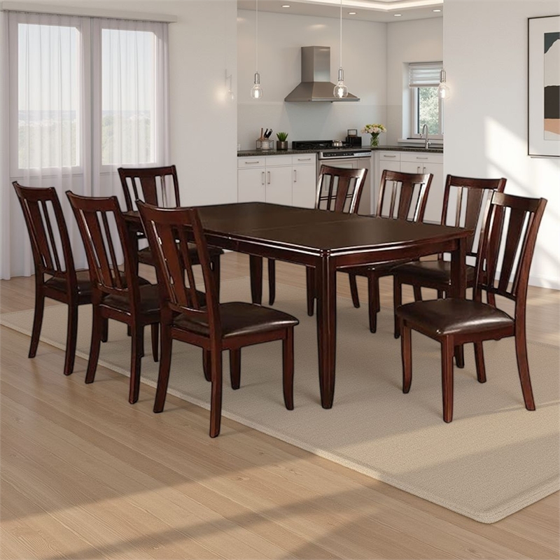 Demy 7pc Dining Table and 6 Chairs Set- Espresso Brown Faux Leather