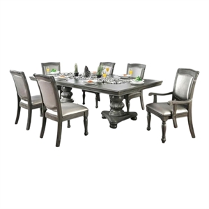 Ena 9pc Dining Table Set- Gray Faux Leather- Extendable 79-103 Inch