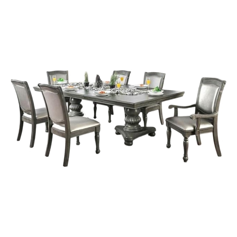 Ena 9pc Dining Table Set- Gray Faux Leather- Extendable 79-103 Inch