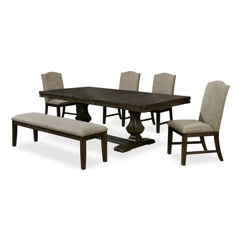 Kely 6pc Dining Table- Chair and Bench Set- Extendable Top- Brown Gray